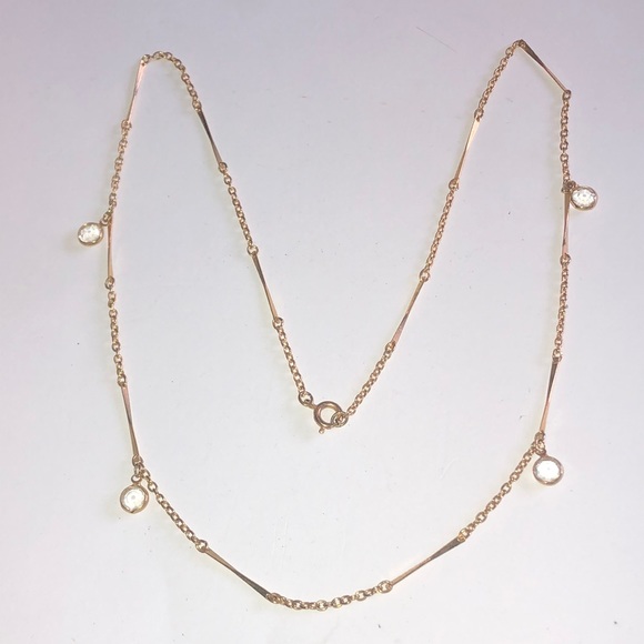 Vintage Jewelry - Vintage Gold Tone & Dangling Clear Crystals Dainty Classic Boho Necklace